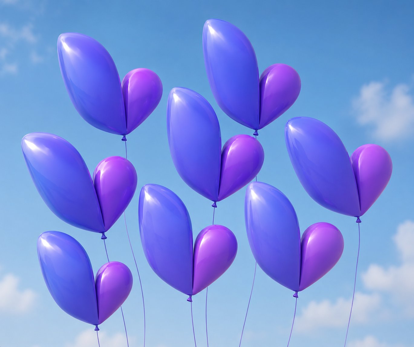 Eight balloons shaped like the Values Institute V mark floating in a blue sky, one for every year since 2018